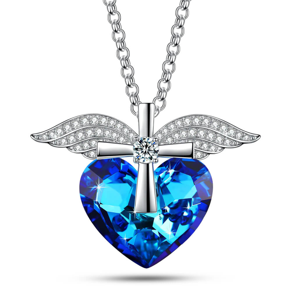 Bermuda Blue Heart & Wings Cross Pendant Necklace Jewelry - Pendant Necklace - Taanaa Jewelry