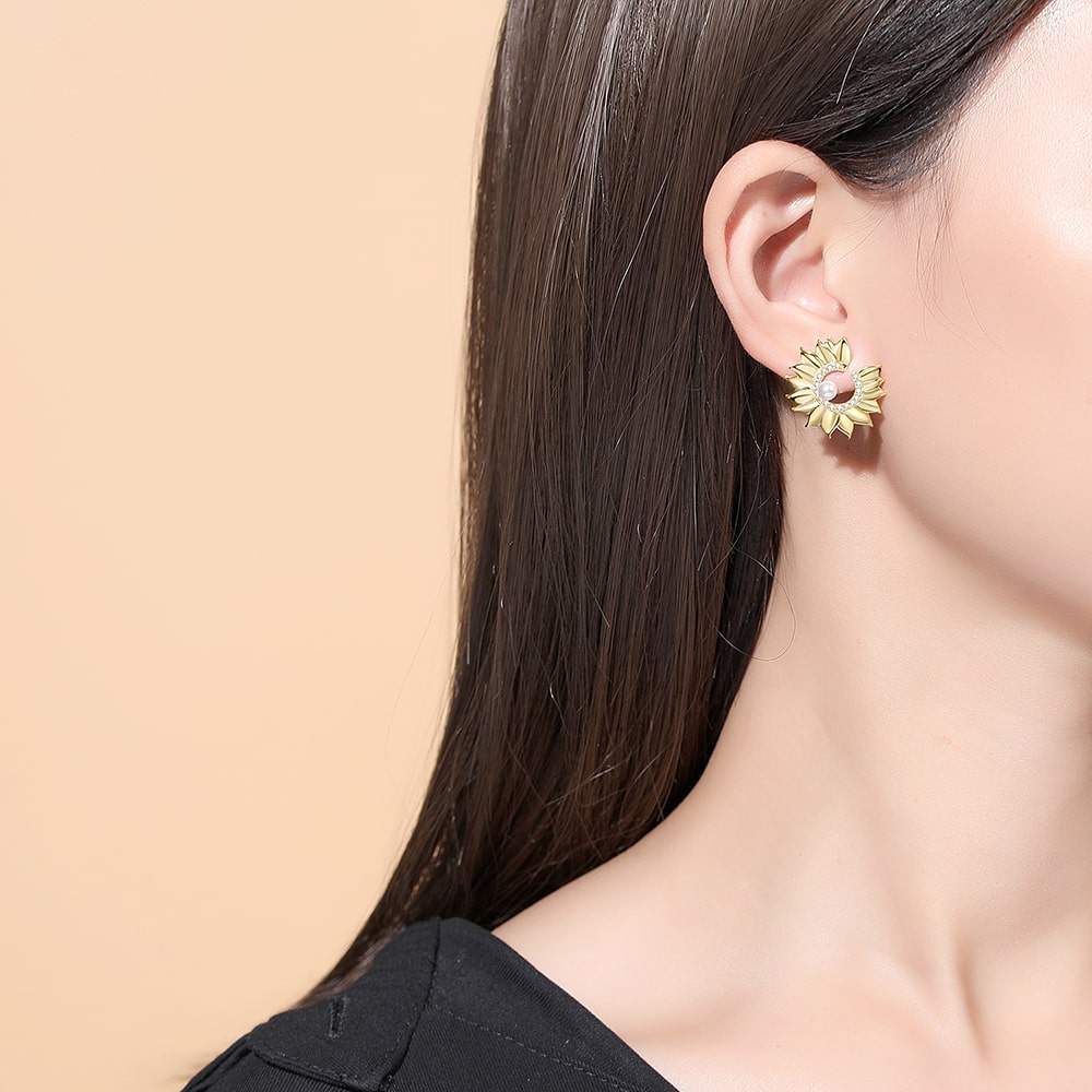 Sterling Silver Golden Sunflower Pearl Stud Earrings Women Jewelry - Stud earrings - Taanaa Jewelry
