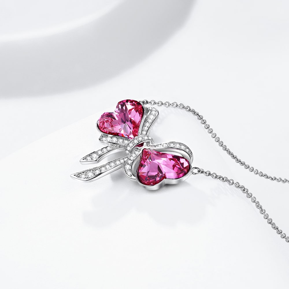Rose Sweet Heart Crystal Bow Necklace - Pendant Necklace - Taanaa Jewelry