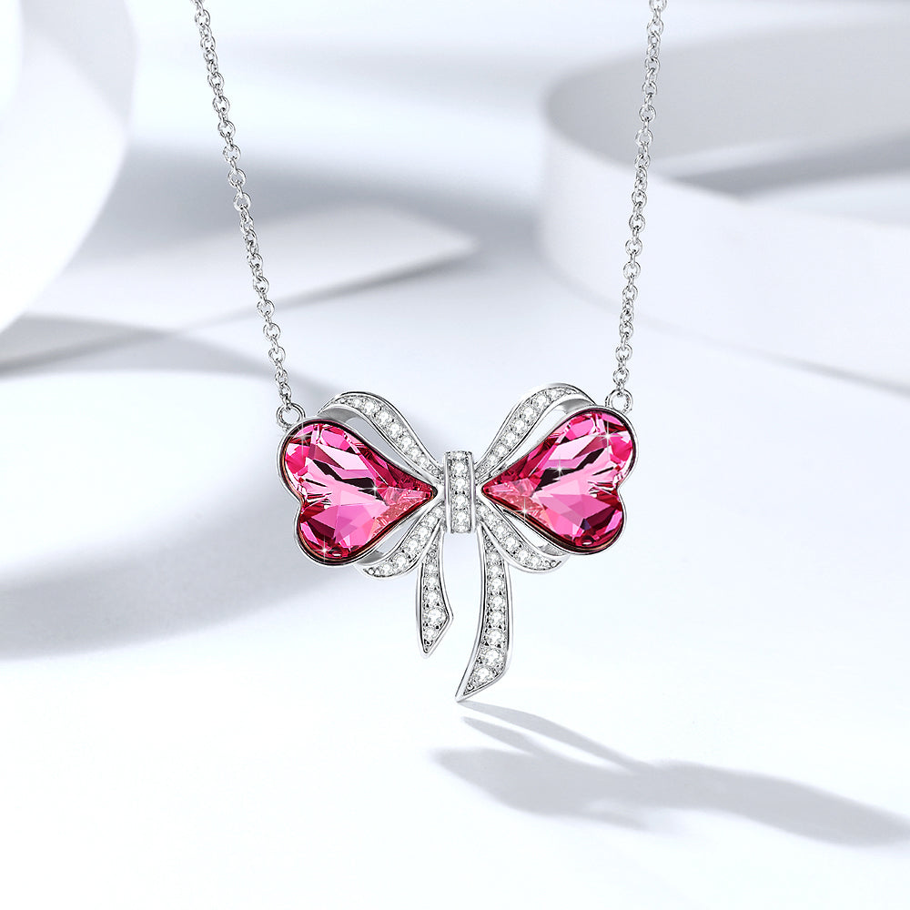 Rose Sweet Heart Crystal Bow Necklace - Pendant Necklace - Taanaa Jewelry