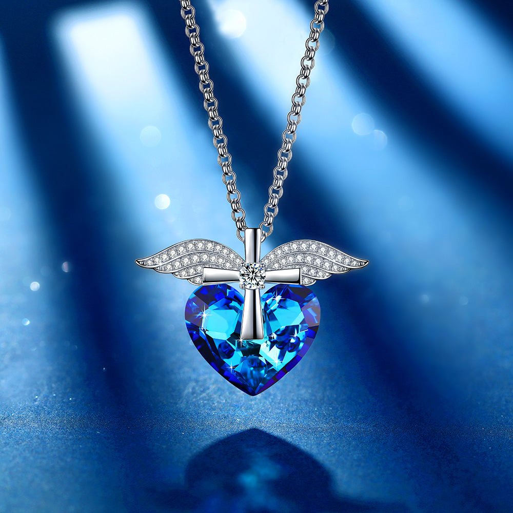 Bermuda Blue Heart & Wings Cross Pendant Necklace Jewelry - Pendant Necklace - Taanaa Jewelry