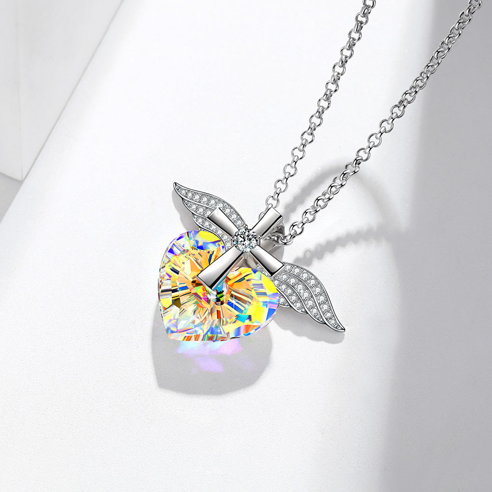 Aurora Borealis Heart & Wings Cross Pendant Necklace Jewelry - Pendant Necklace - Taanaa Jewelry