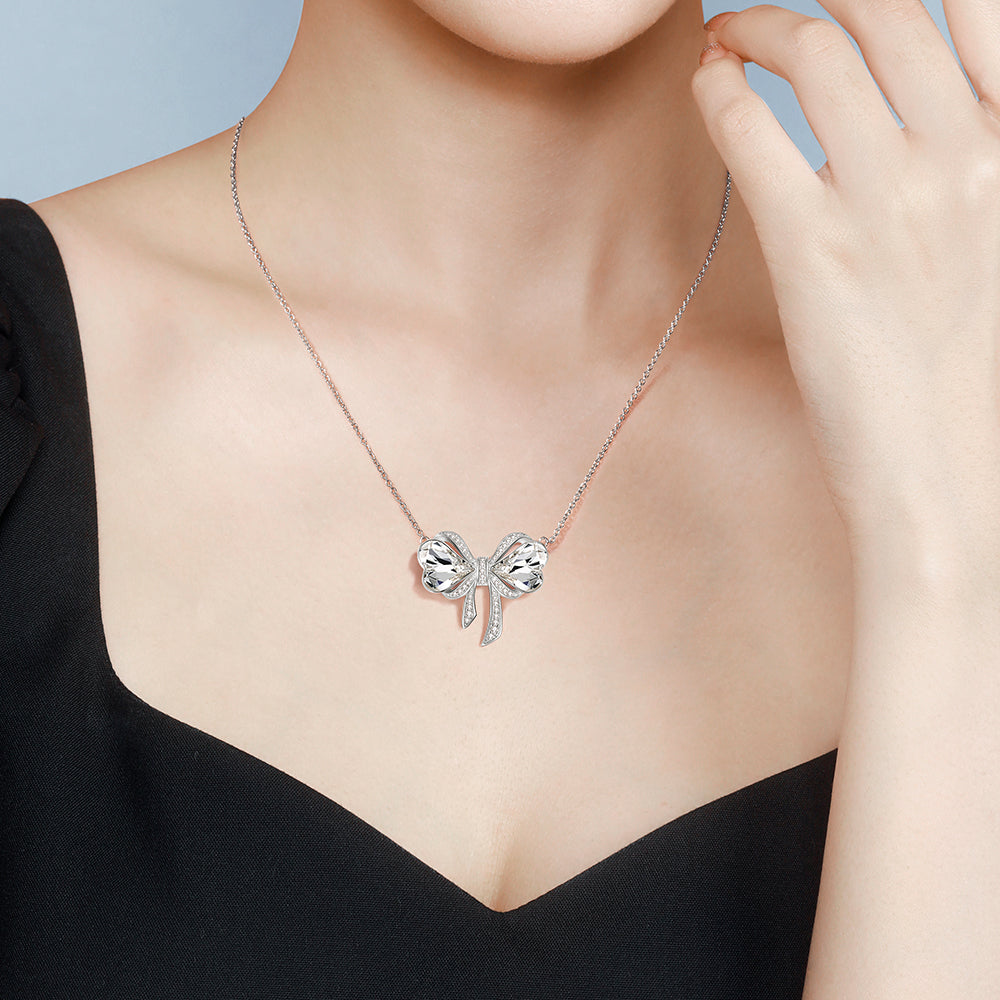 Fashion Swarovski White Heart Bow Necklace Women Girls Jewelry Gift