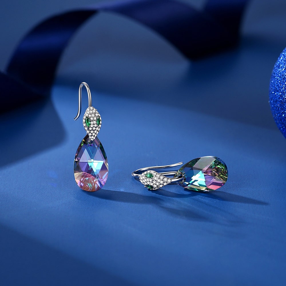 Snake head & Pear-shaped Crystal Sterling silver Drop Earrings Jewelry - Dangle earrings - Taanaa Jewelry