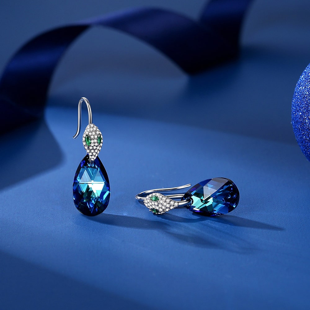 Snake head & Pear-shaped Crystal Sterling silver Drop Earrings Jewelry - Dangle earrings - Taanaa Jewelry