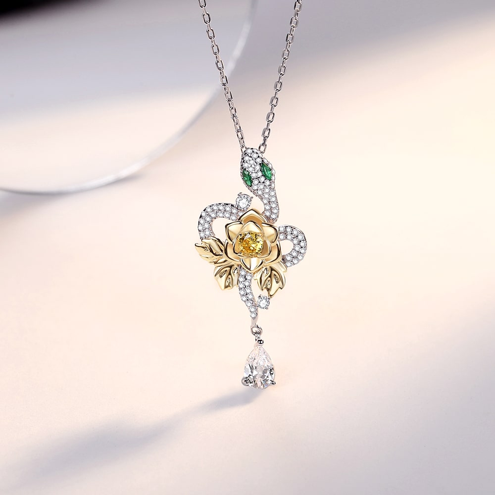 Golden Flower Snake Pendant Necklace Women Sterling Silver Jewelry - Pendant Necklace - Taanaa Jewelry