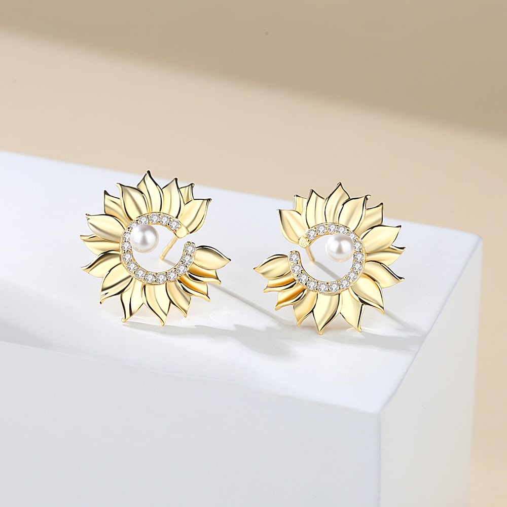 Sterling Silver Golden Sunflower Pearl Stud Earrings Women Jewelry - Stud earrings - Taanaa Jewelry