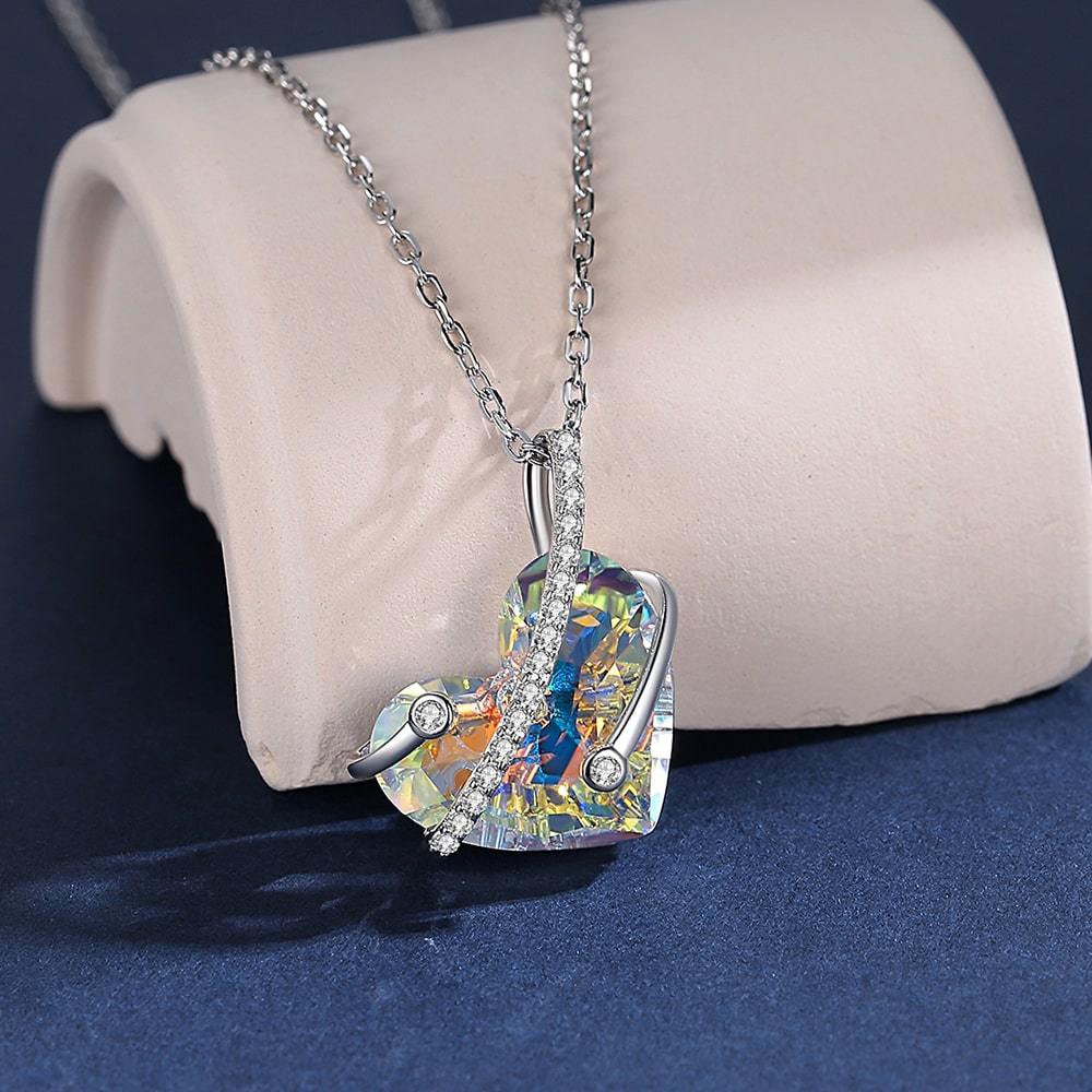 Aurora Borealis Heart Crystal Sterling Silver Necklace Jewelry Gift - Pendant Necklace - Taanaa Jewelry