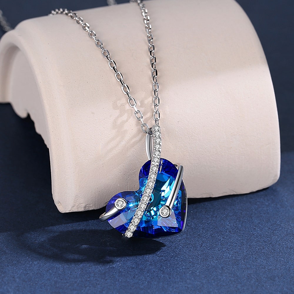 Bermuda Blue Heart Crystal Pendant Necklace Women Sterling Silver Jewelry - Pendant Necklace - Taanaa Jewelry