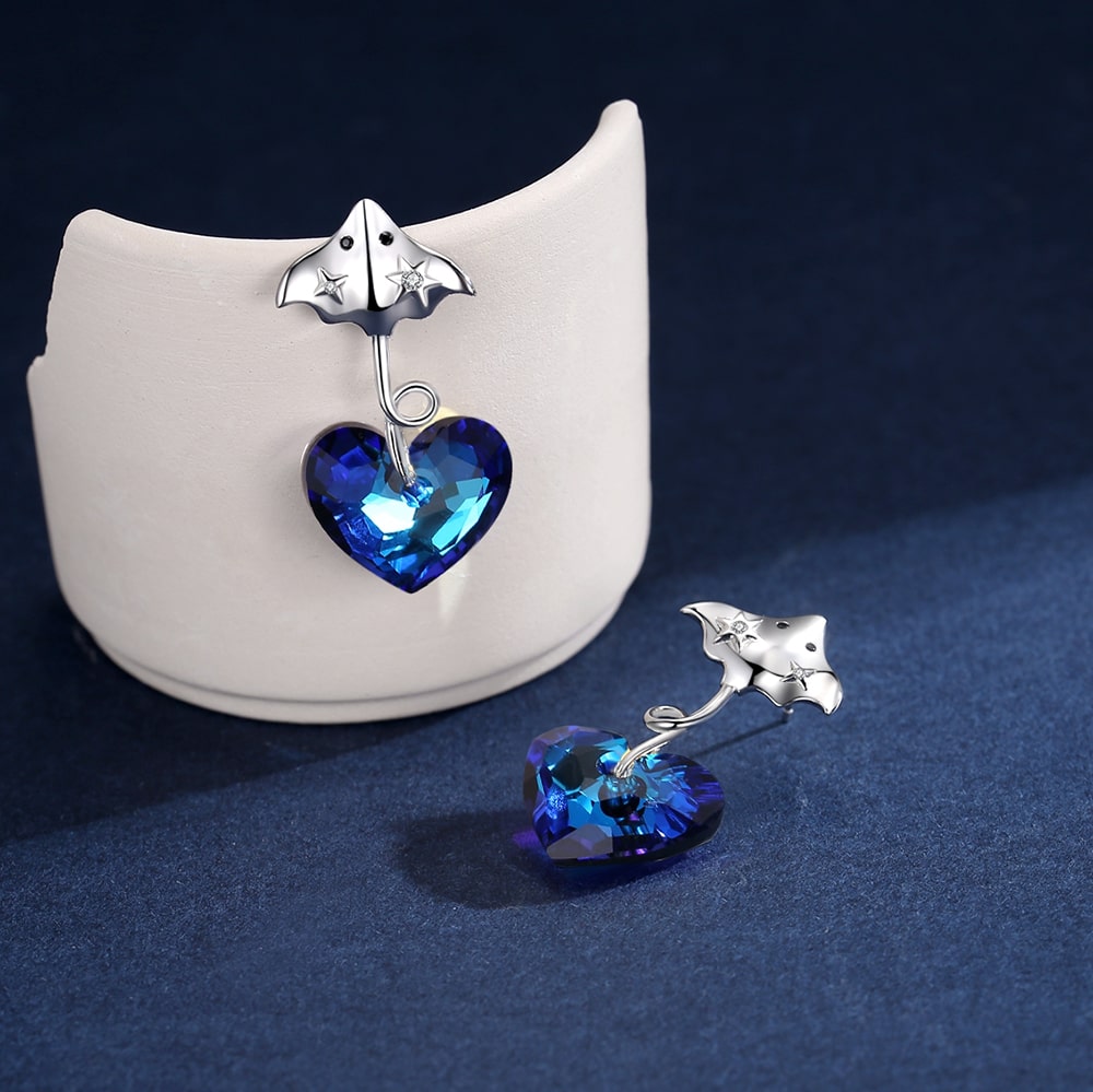 Devil Fish Heart Crystal Sterling Silver Earrings Women Jewelry - Dangle earrings - Taanaa Jewelry