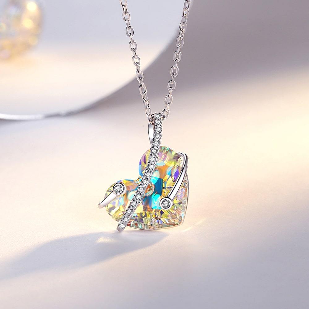 Aurora Borealis Heart Crystal Sterling Silver Necklace Jewelry Gift - Pendant Necklace - Taanaa Jewelry