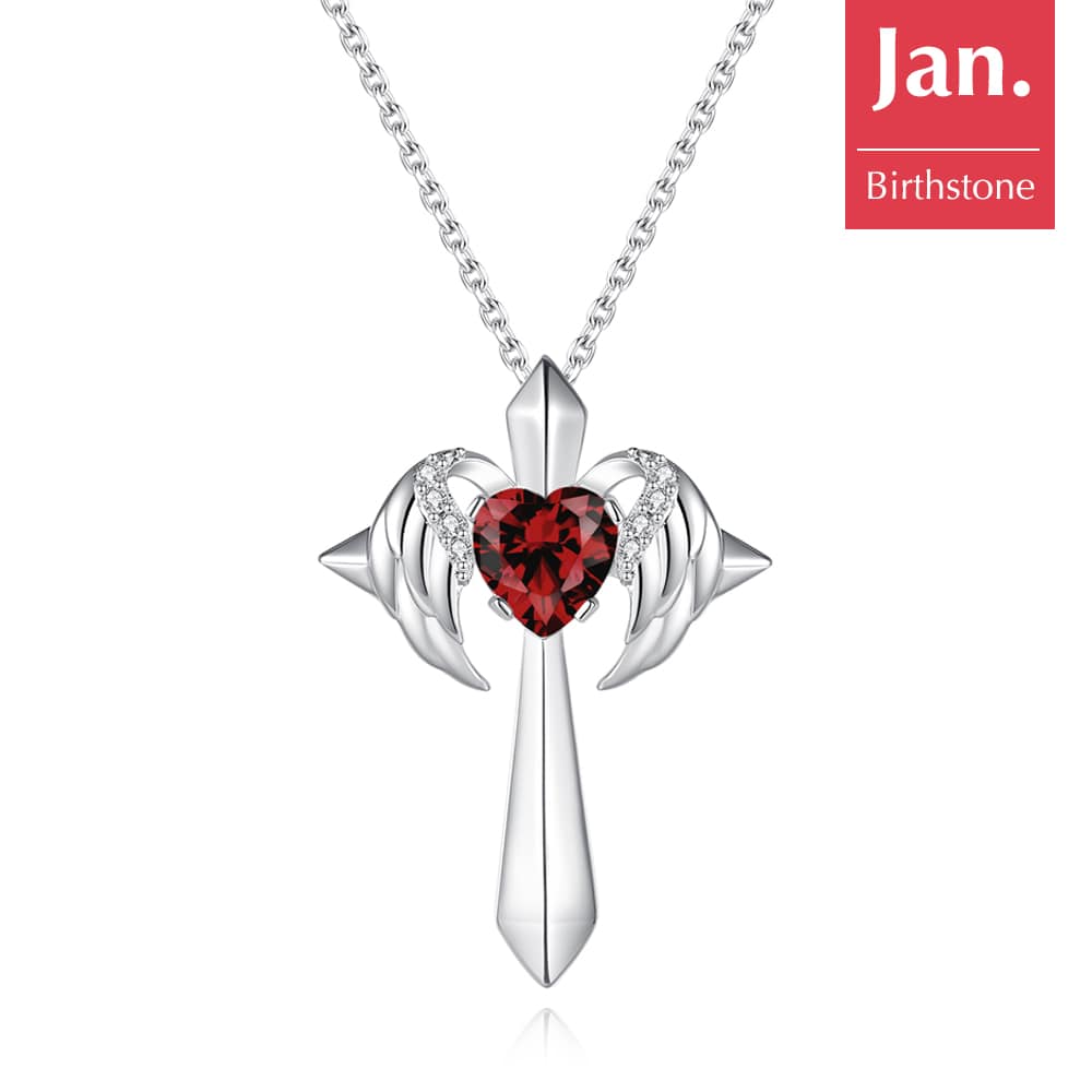 Birthstone Angel Wings Cross Sterling Silver Necklace - Pendant Necklace - Taanaa Jewelry