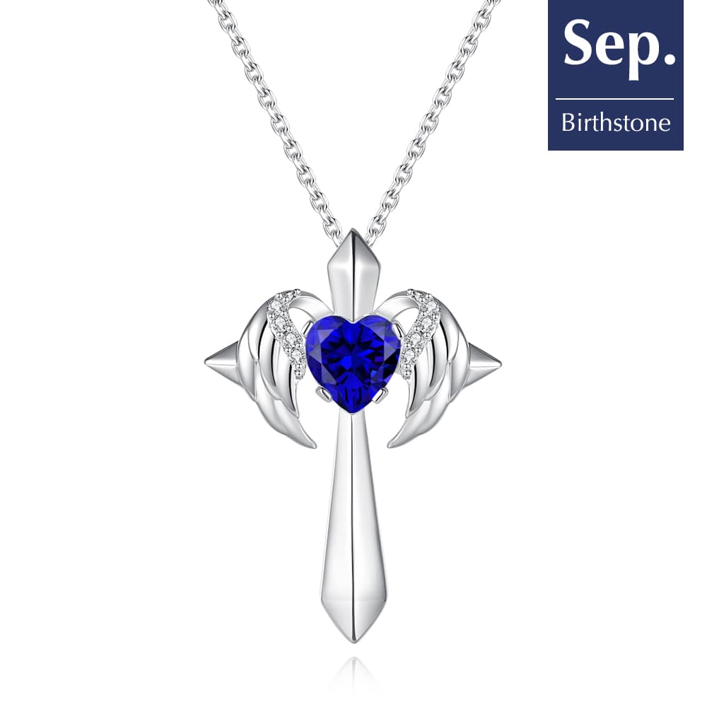 Birthstone Angel Wings Cross Sterling Silver Necklace - Pendant Necklace - Taanaa Jewelry