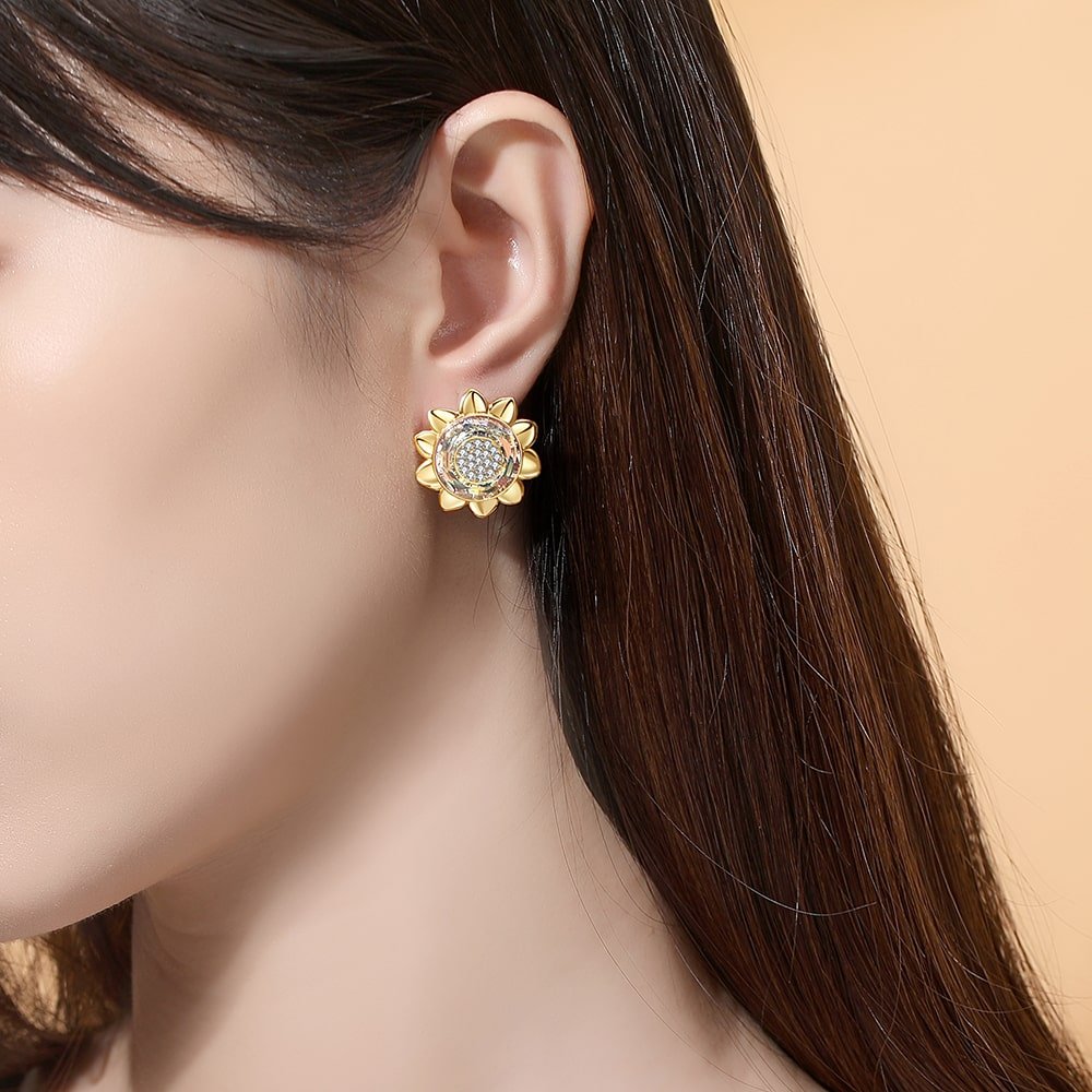 Cosmic Ring Crystal Sunflower Sterling Silver Earrings Women Jewelry - Stud earrings - Taanaa Jewelry