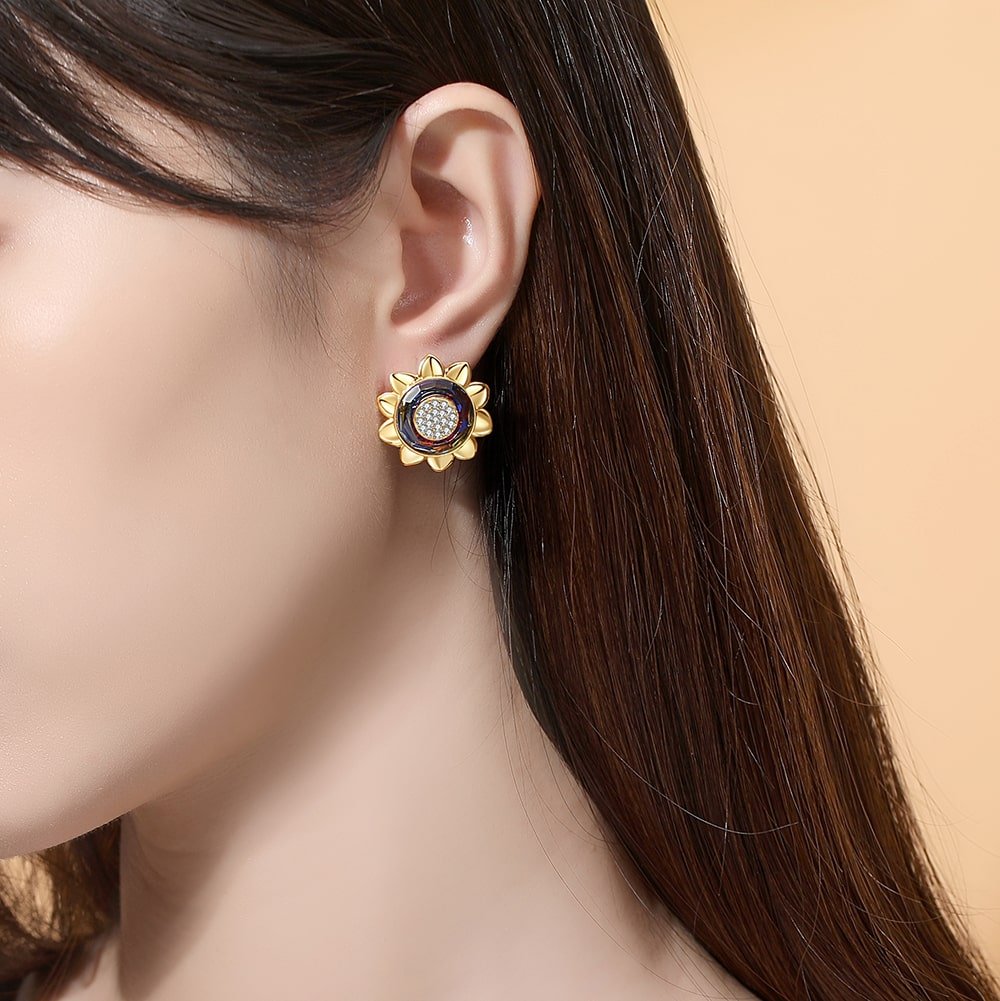 Cosmic Ring Crystal Sunflower Sterling Silver Earrings Women Jewelry - Stud earrings - Taanaa Jewelry