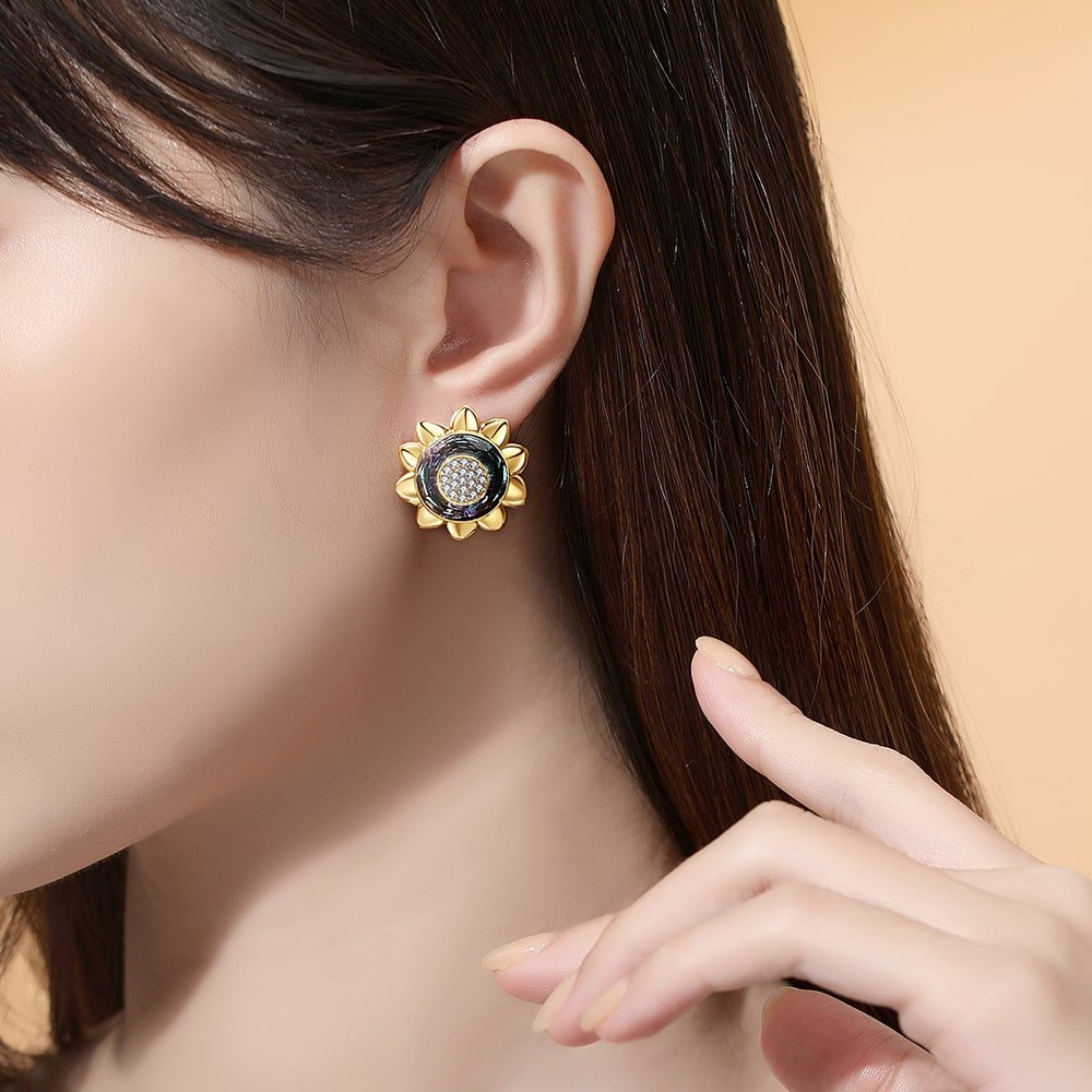 Cosmic Ring Crystal Sunflower Sterling Silver Earrings Women Jewelry - Stud earrings - Taanaa Jewelry