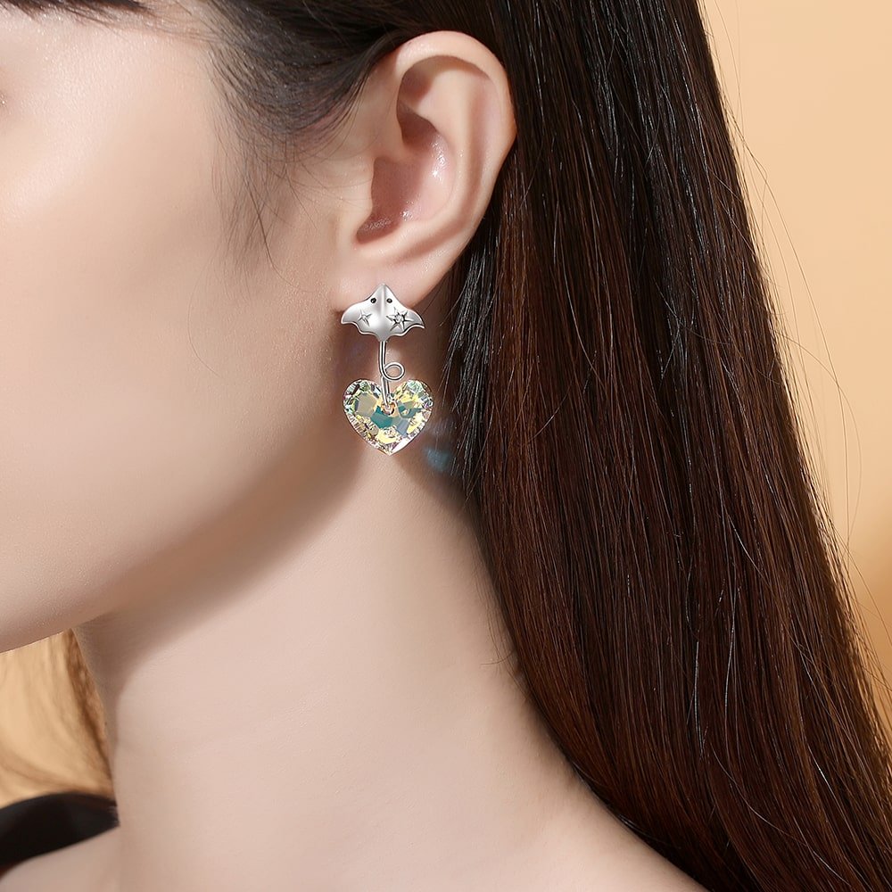 Devil Fish Heart Crystal Sterling Silver Earrings Women Jewelry - Dangle earrings - Taanaa Jewelry