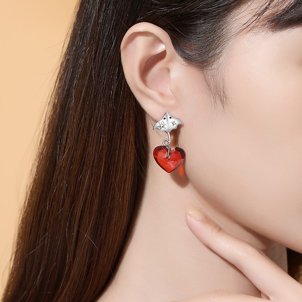 Devil Fish Heart Crystal Sterling Silver Earrings Women Jewelry - Dangle earrings - Taanaa Jewelry