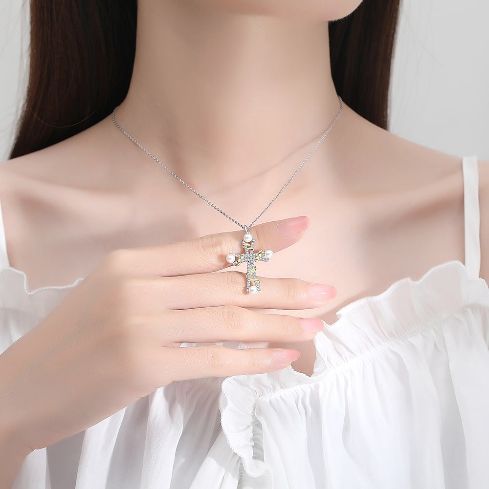 Sterling Silver Pearl Cross Pendant Necklace For Women Jewelry - Pendant Necklace - Taanaa Jewelry
