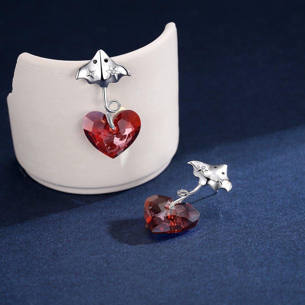 Devil Fish Heart Crystal Sterling Silver Earrings Women Jewelry - Dangle earrings - Taanaa Jewelry