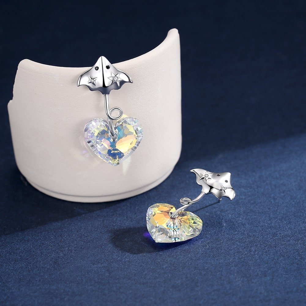 Devil Fish Heart Crystal Sterling Silver Earrings Women Jewelry - Dangle earrings - Taanaa Jewelry
