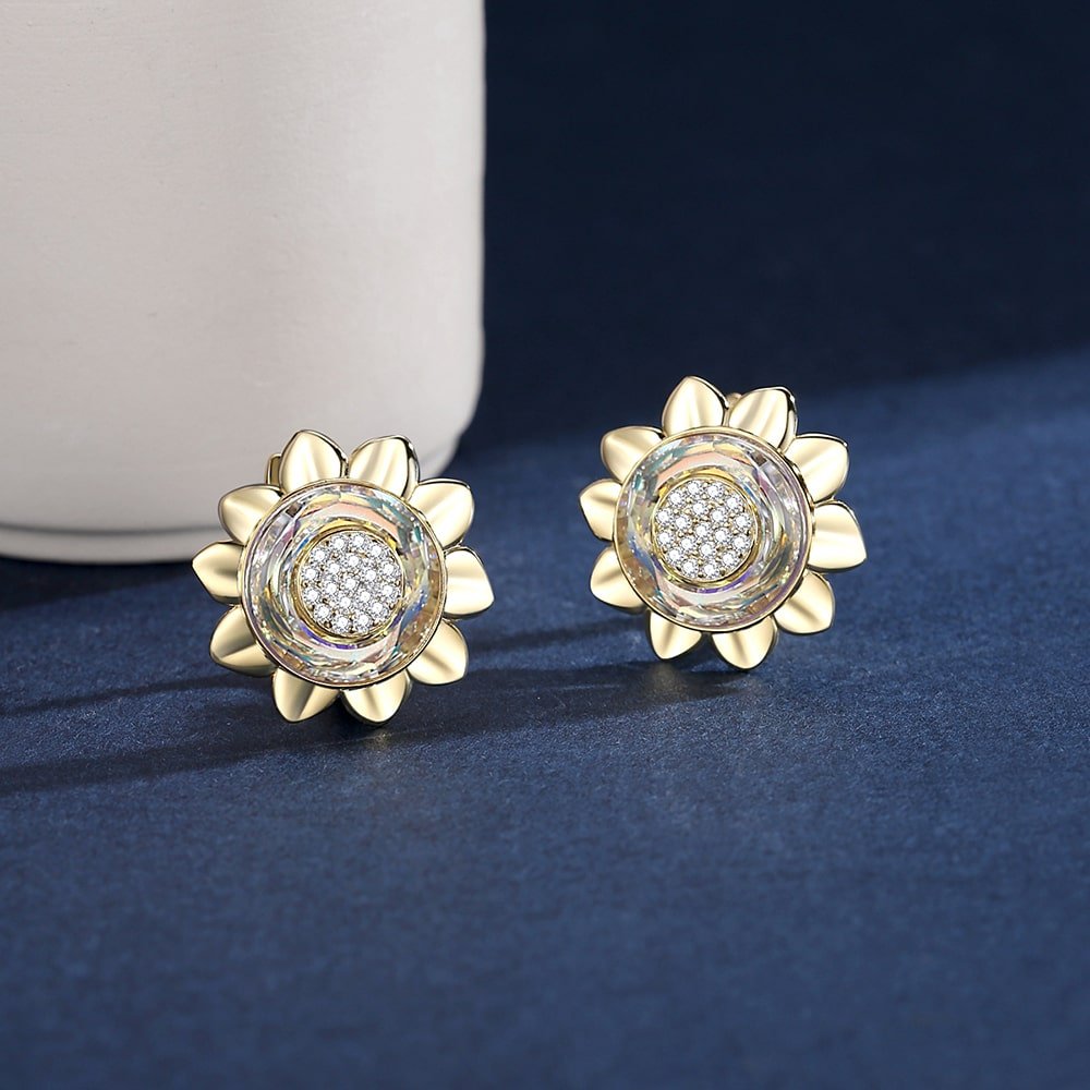 Cosmic Ring Crystal Sunflower Sterling Silver Earrings Women Jewelry - Stud earrings - Taanaa Jewelry