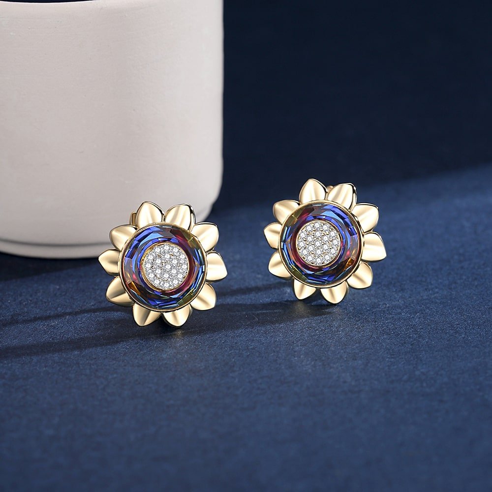 Cosmic Ring Crystal Sunflower Sterling Silver Earrings Women Jewelry - Stud earrings - Taanaa Jewelry