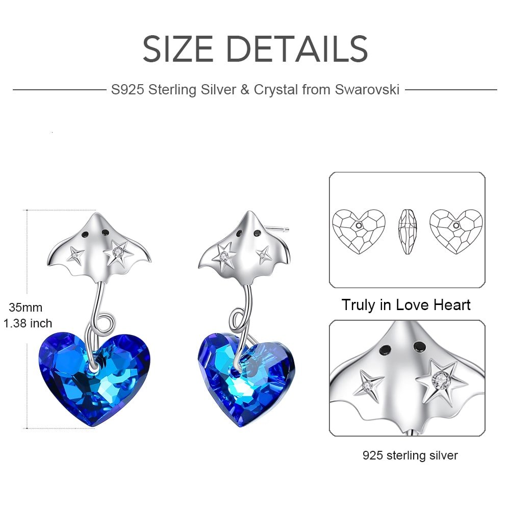 Devil Fish Heart Crystal Sterling Silver Earrings Women Jewelry - Dangle earrings - Taanaa Jewelry