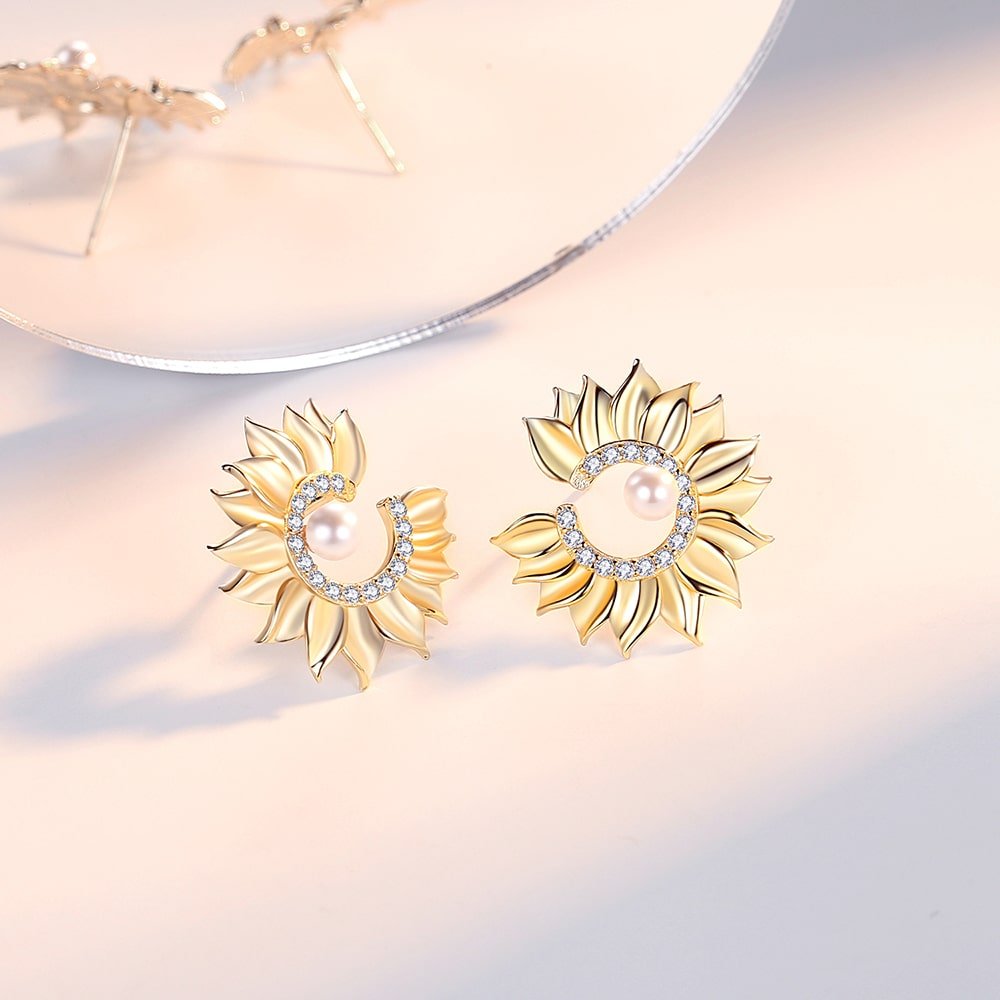 Sterling Silver Golden Sunflower Pearl Stud Earrings Women Jewelry - Stud earrings - Taanaa Jewelry