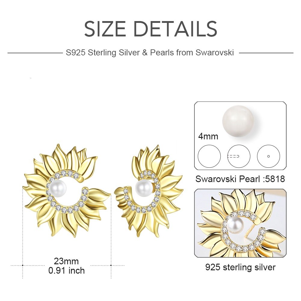 Sterling Silver Golden Sunflower Pearl Stud Earrings Women Jewelry - Stud earrings - Taanaa Jewelry